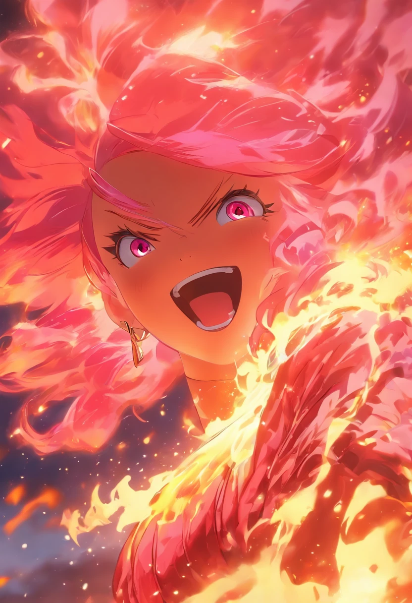 1 Pink haired girl in flame dress, glowing hairs,Burning hair, Bright red gemstone eyes,The expression of crazy laughter,Beautiful art UHD 4 K, En plein air, a sea of fire, Beautiful character, Beautiful portrait, Expressive, painting of beautiful,
expressive beautiful portrait, Side light, dreamy sky