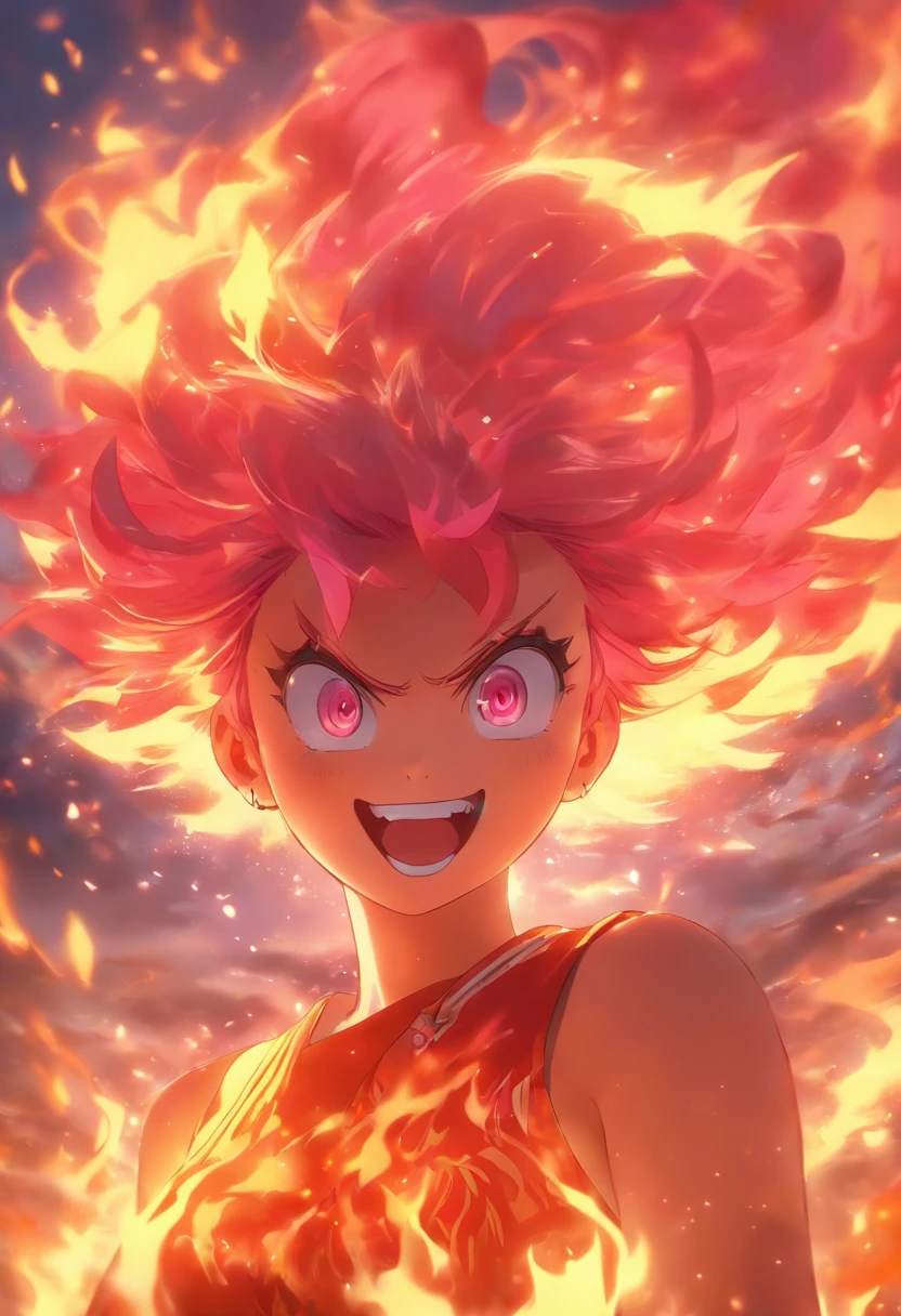 1 Pink haired girl in flame dress, glowing hairs,Burning hair, Bright red gemstone eyes，The expression of crazy laughter,Beautiful art UHD 4 K, En plein air, a sea of fire, Beautiful character, Beautiful portrait, Expressive, painting of beautiful, 
expressive beautiful portrait, Side light, dreamy sky