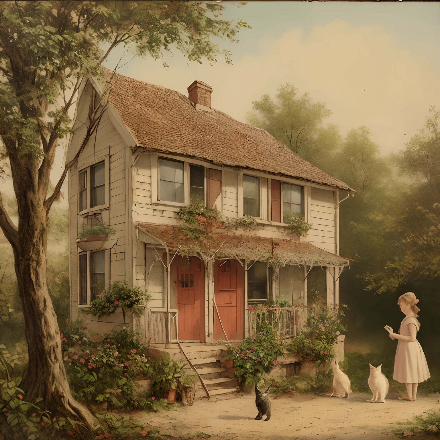 Vintage house with a girl and a cat