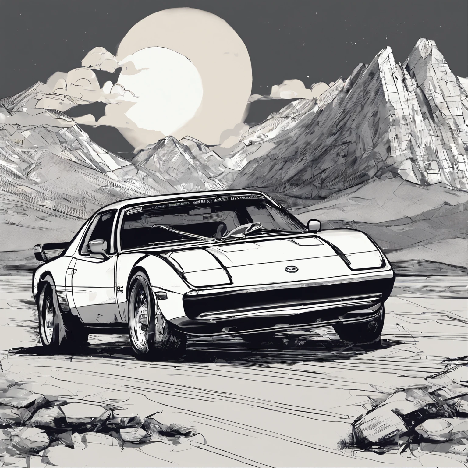 Design for t-shirts, flat design, artwork, Mazda 1 RX-7 car jumping, professional shooting, front view slightly sideways, detailed image, detailed car, lineart, shadow effect, no color, Vector art, digital art, moon background, simple background, black background, design for Adobe illustrator, no watermark