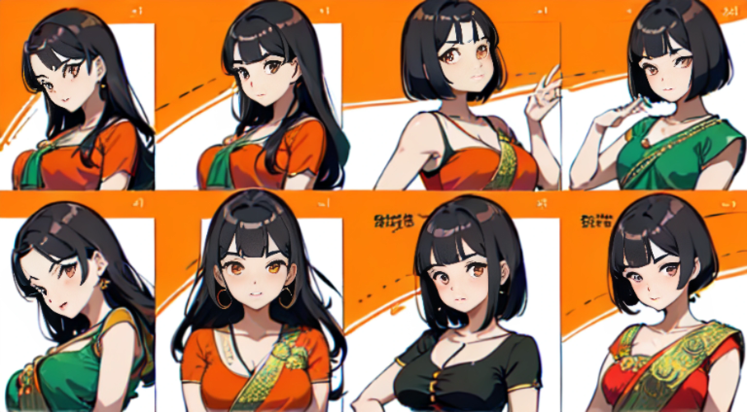 ((((Character Design Sheet)))), Hd closeup face of Yoko Geetha, (((Different facial expressions))), (((different poses))) anime style, short hair, (black hair), dreamy eyes, red-orange eyes, ((orange saree)), blouse, ((wearing saree and blouse)), (((Different poses))), (((Different Angles))) realistic, 8k, (((Oversize)))
