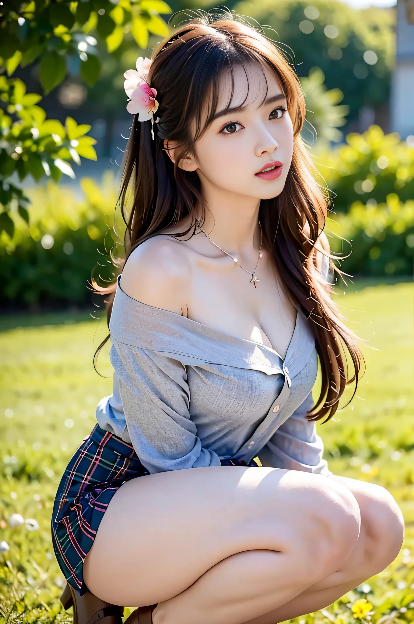 NSFW, 8K Raw photograph, best qualtiy, tmasterpiece, 超高分辨率, filmgrain, cinematic ligh, 1girll, looking at viewert, Natural skin texture, Realistic Eyes and Face Details, full pouty lips, lipsticks, (putting makeup on), Red eyeshadow, Short fluffy hair, messy hair, ssmile, Keep one's mouth shut, beautifullegs, Tall women, being thin, Slim_Legs, 独奏, Large, Pose with your hips facing you, Superskirt, hindquarters, The shirt, Beautiful natural location, Location of flowers around, (detailedbackground), Plaid skirts, white shirt, , Show a little through the shirt, Loafer shoes, vague background, bblurry, halter, tartan, short- sleeved, JK ribbon around the neck, JK ribbon, brown hair, bangle, Eau, By bangs, 校服, jewely, parted lip, cparted lips, From the side Side, pleatedskirt, depth of fields