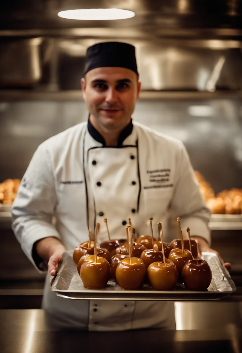 A pastry chef in a bakery holding a tray of caramel apples
