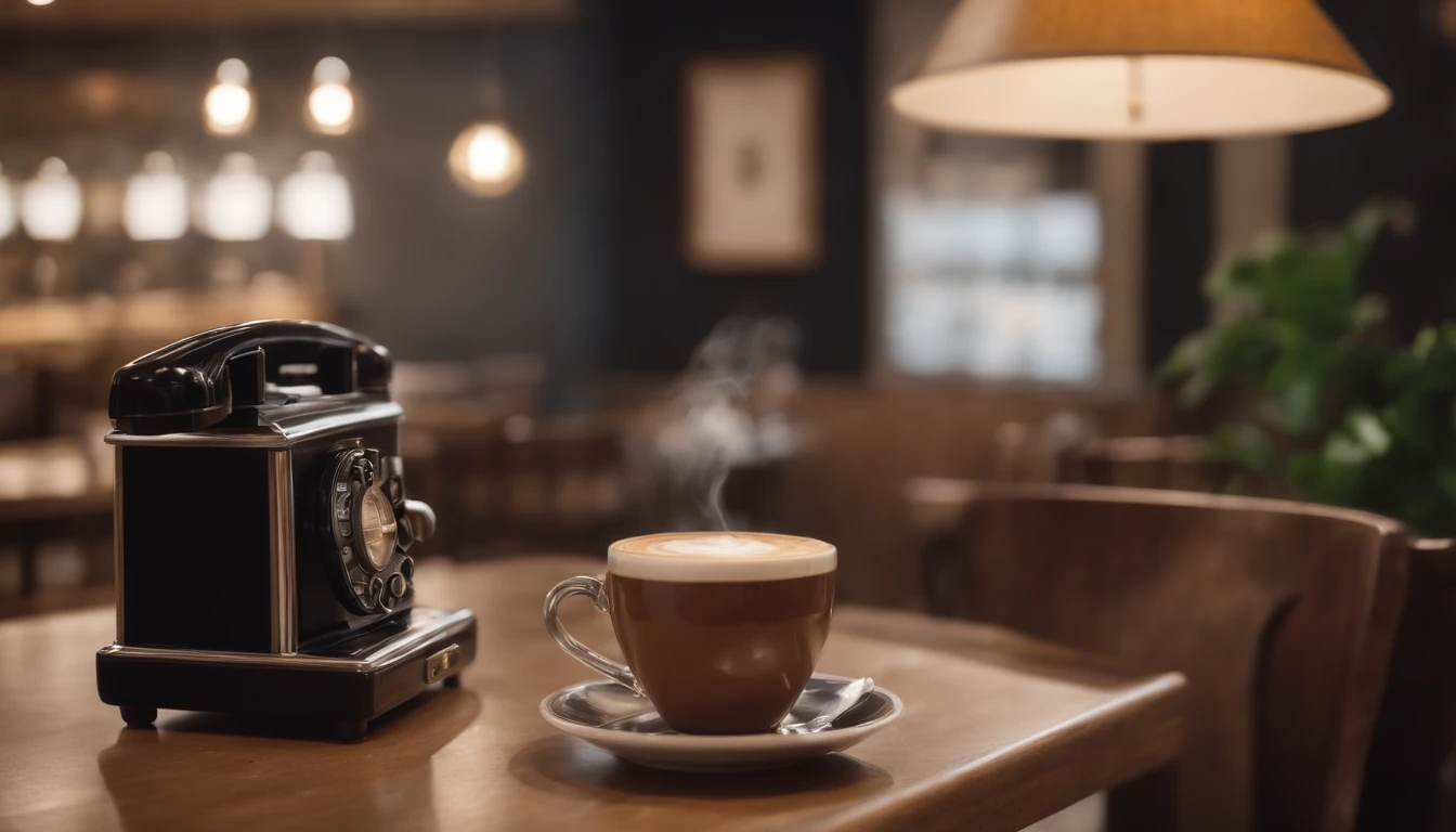 Half dark coffee shop. very classy There is a bonsai tree in the phone of the coffee shop, in another part, an old radio is playing a song. We see the entire space of the coffee shop, a large hall