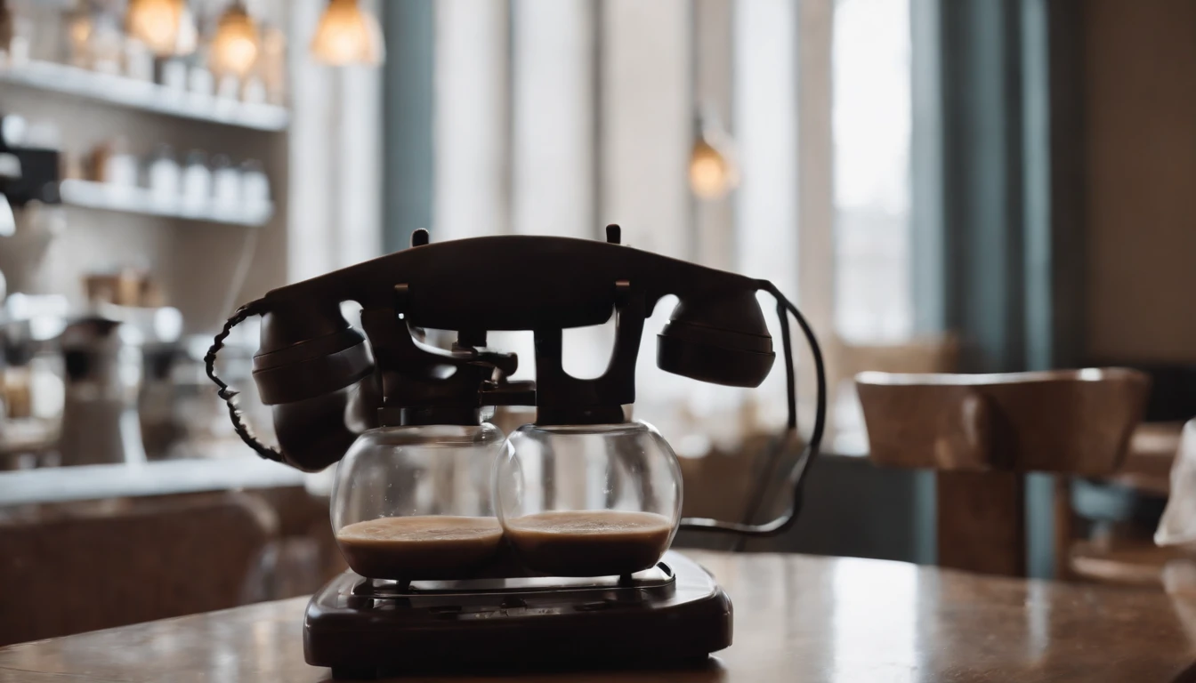 Half dark coffee shop. very classy There is a bonsai tree in the phone of the coffee shop, in another part, an old radio is playing a song. We see the entire space of the coffee shop, a large hall
