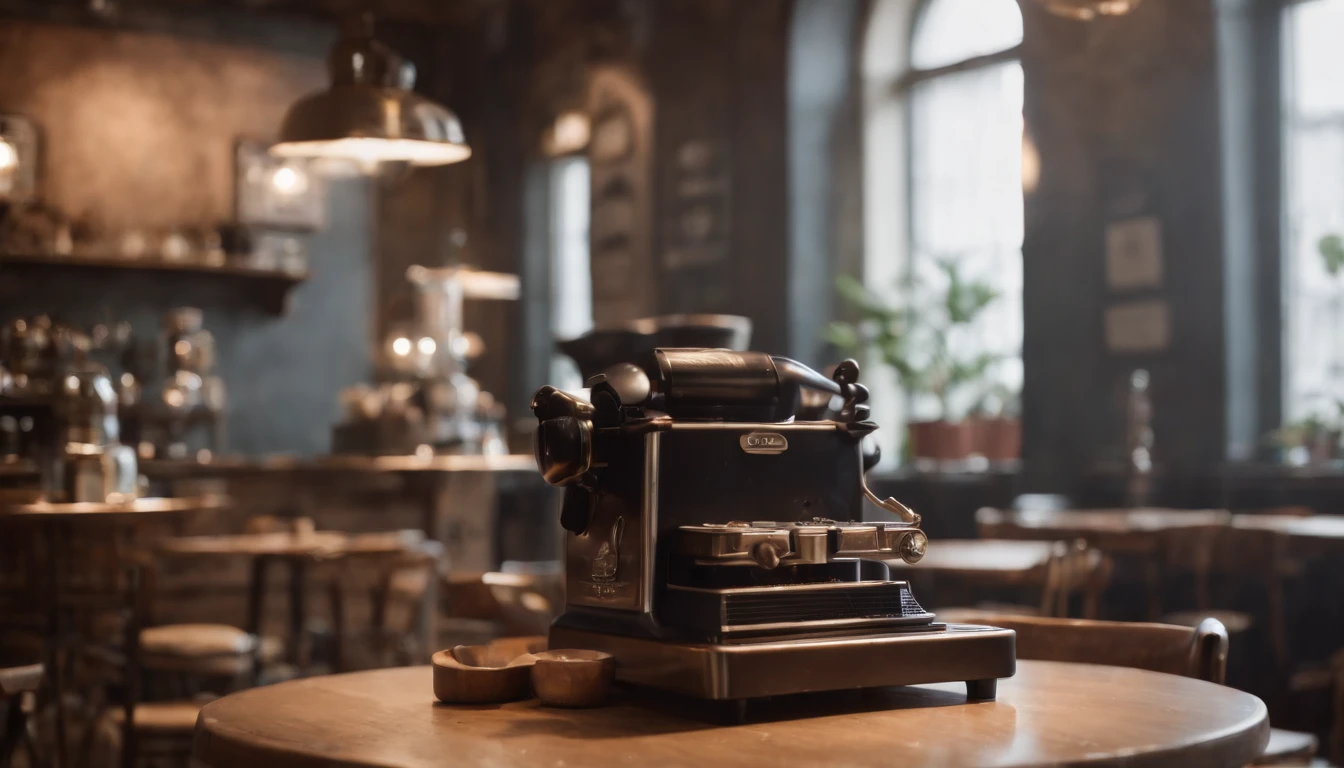 Half dark coffee shop. very classy There is a bonsai tree in the phone of the coffee shop, in another part, an old radio is playing a song. We see the entire space of the coffee shop, a large hall