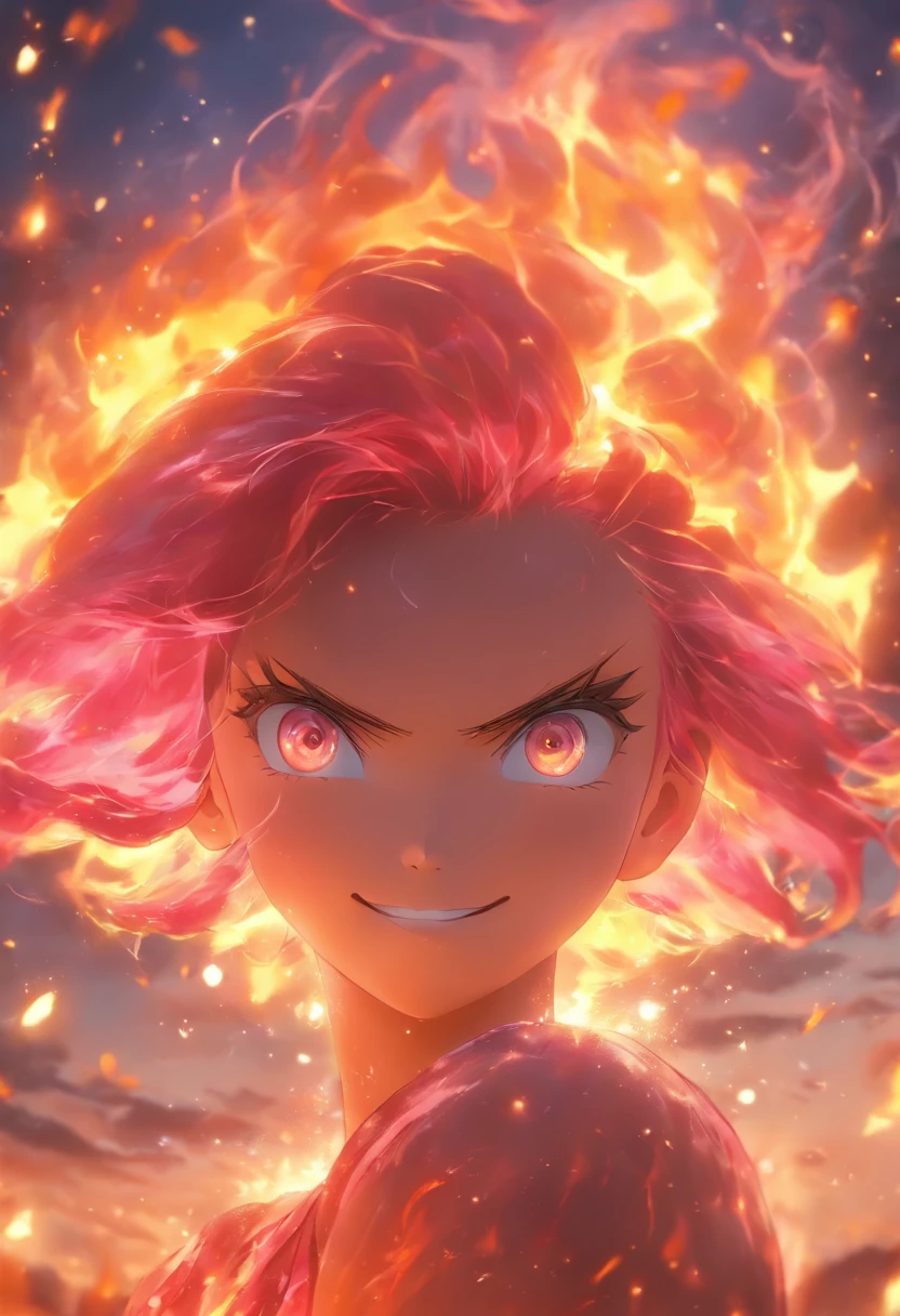 1 girl with pink hair in flame dress, glowing hairs,Burning hair, Bright red gemstone eyes,Smooth skin,Bad smile,Beautiful art UHD 4 K, En plein air, a sea of fire, Beautiful character, Beautiful portrait, Expressive, painting of beautiful,
expressive beautiful portrait, Side light, dreamy sky
