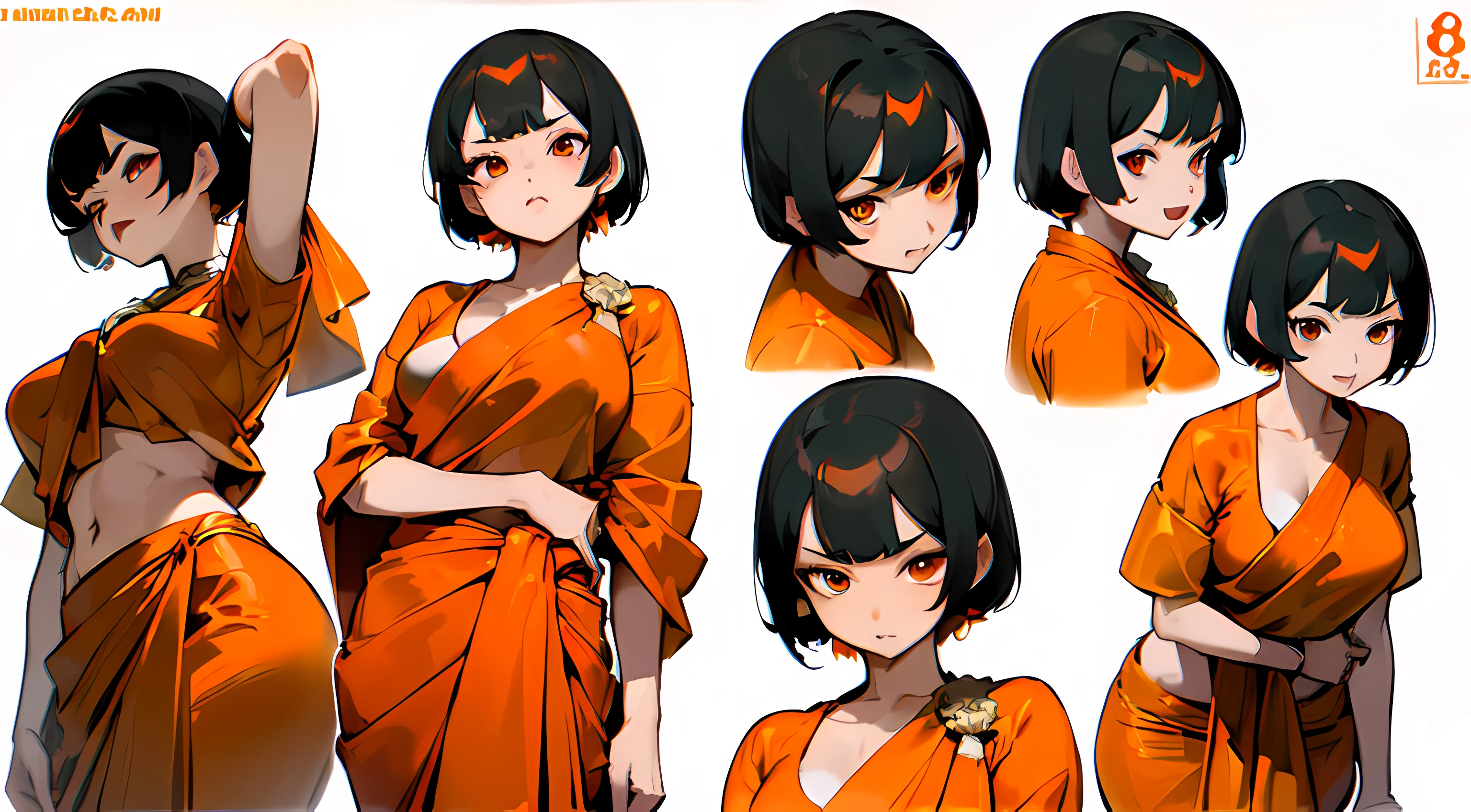 ((((Character Design Sheet)))), Hd closeup face of Yoko Geetha, (((Different facial expressions))), (((different poses))) anime style, short hair, (black hair), dreamy eyes, red-orange eyes, ((orange saree)), blouse, ((wearing saree and blouse)), (((Different poses))), (((Different Angles))) realistic, 8k, (((Oversize)))