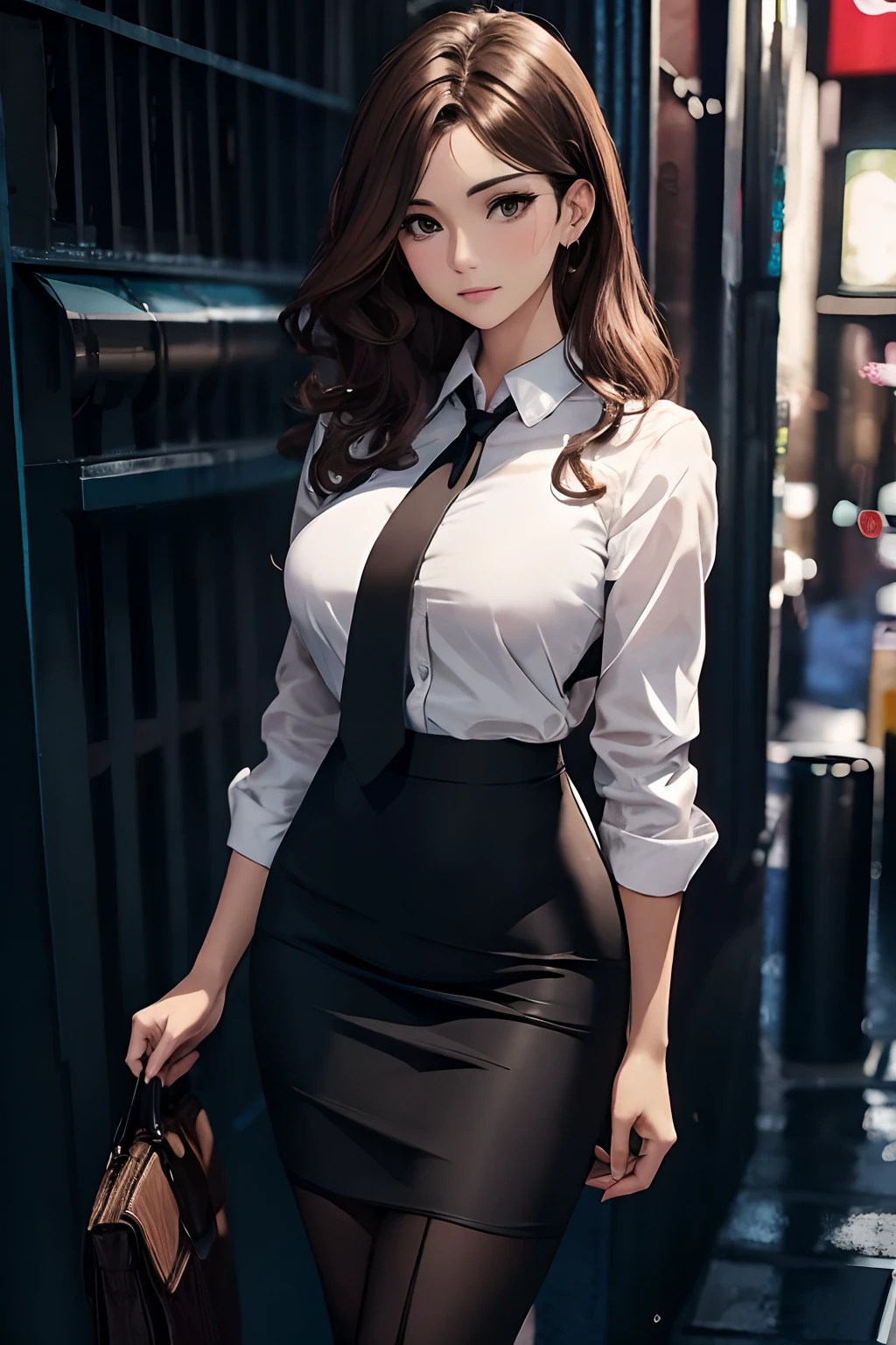 (Details of a very beautiful face), (Best Quality:1.4), 8K resolution, High resolution, 1woman, Beautiful woman, Beautiful woman of the highest grade, Super beautiful detailed face, (business suit with wide open chest:1.25), mini skirt, black pantyhose, Gloss on lips, Parted lips, Large breasts, thin waist, Large ass, giving a presentation in front of a whiteboard, conference room