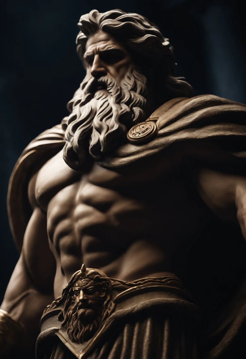 Zeus ruler of other Greek gods which is Greek historical status with Muscles from the profile of Hercules 8k cinematic and dark background