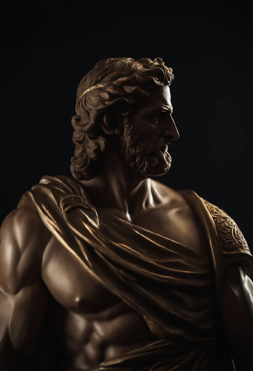 Zeus ruler of other Greek gods which is Greek historical status with Muscles from the profile of Hercules 8k cinematic and dark background