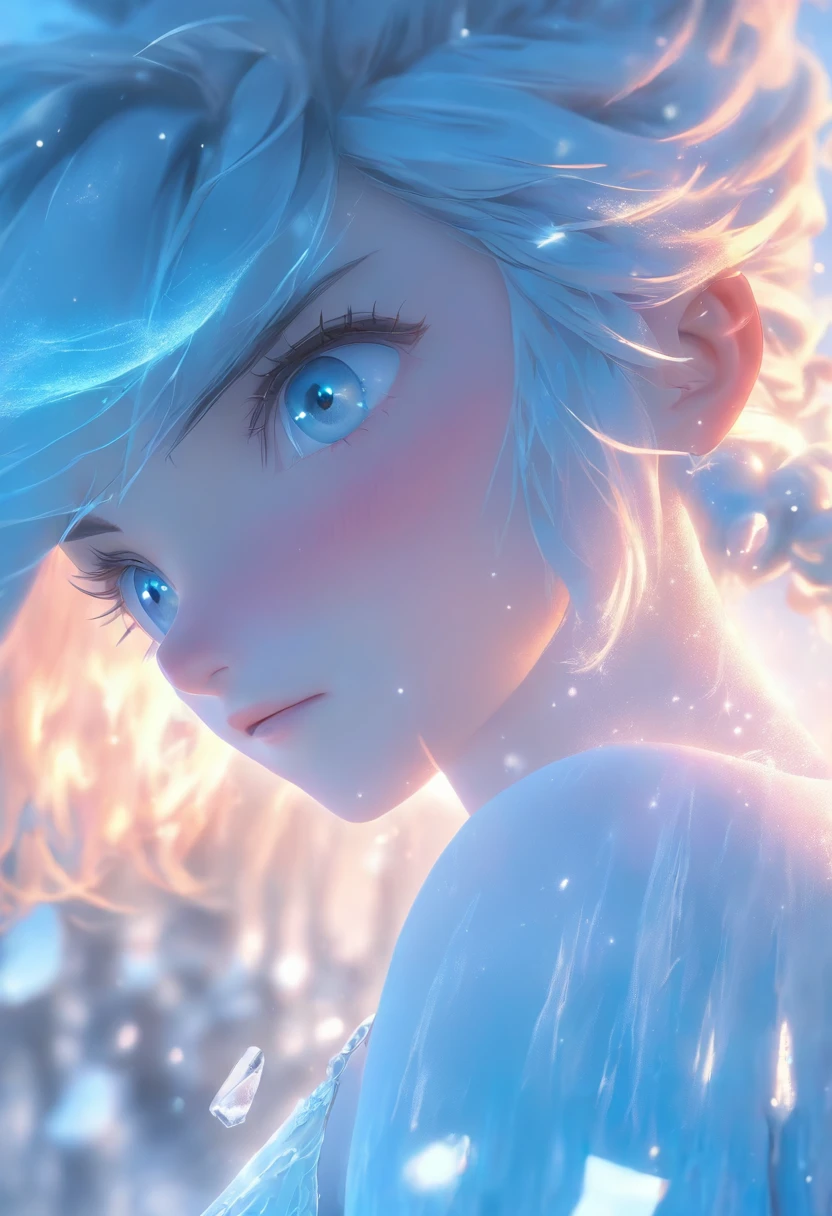 1 girl with blue hair in frost dress, glowing hairs,Frozen hair, Ice blue gemstone eyes,Smooth skin,Grim expression,Beautiful art UHD 4 K, En plein air, ice river, Beautiful character, Beautiful portrait, Expressive, painting of beautiful, 
expressive beautiful portrait, Side light, dreamy sky