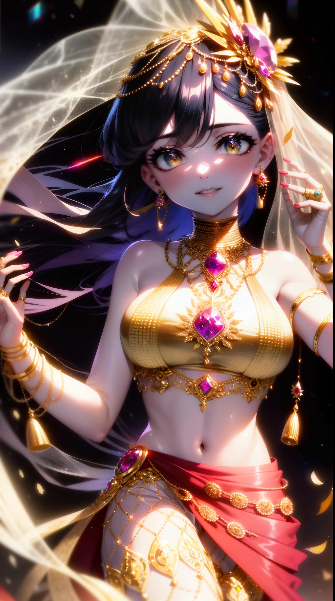 Ultra-high resolution, Attention to detail, Highest quality, (((女god))), Voluptuous, Full lower abdomen, Japan anime style, Baby Face, The eyes are large, Full body portrait, See-through feather robe, Rings on the wrists and ankles, A necklace studded with jewels, Beautiful golden crown with decorations, god々New Background, Multiple lights dance in the air, Making a ring with the thumbs and index fingers of both hands, Sitting cross-legged, Sitting on a lotus flower