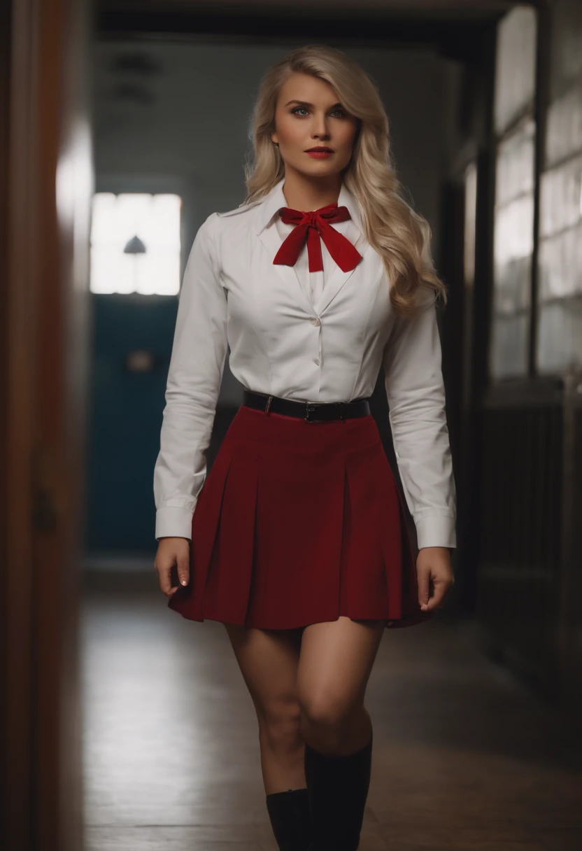 Arya, 1girll, Solo, Long hair, Blue eyes, ahoge, bow, view the viewer, Red bow, Jacket, neck bowtie, Long sleeves, Breasts, shirt, Open jacket, red bowtie, Door, Cowboy shot, Collared shirt, Indoors, school uniform, White hair, standing, Open clothes, Skirt, bangs, dress, grey jacket, Black dress, Blush, Pleated skirt, parted lip, Medium breasts, Pleated dress, White shirt, hair between eye, White jacket, Hand up, Blazer, Black skirt, Thighs, Open door, hallways