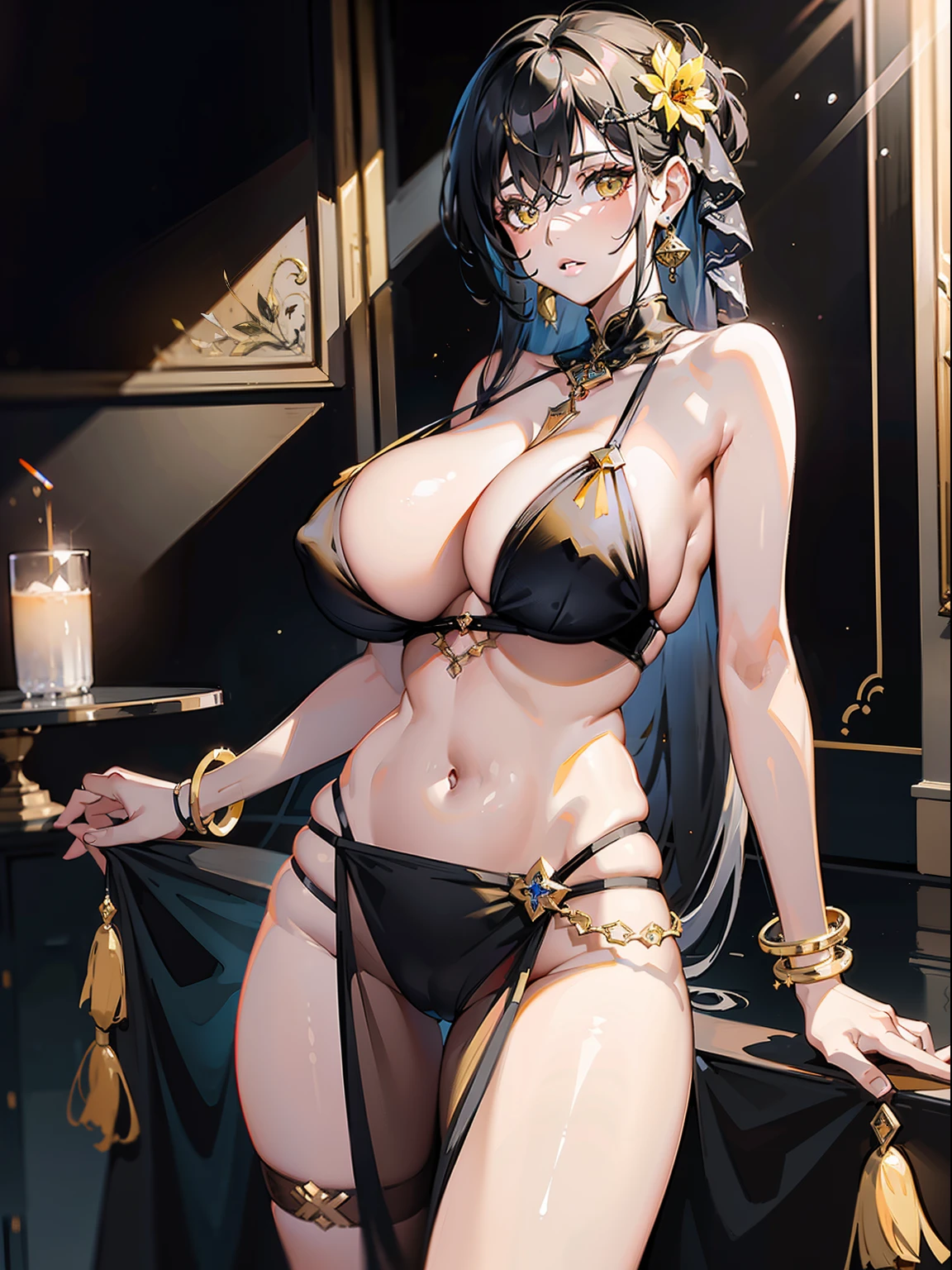 Masterpiece,Best quality,Extremely detailed Cg Unity 8K wallpaper, Masterpiece, Best quality, CG, Light , Rough Frederick (azur lane),detail processing,{ black_yellow cat eyes },hair on one eye, Black long hair,Strangled,{ Wife-like,Mature female, Mother's love}, Huge breasts(122-P cup), Persian dancer,intimacy,Beautiful buttocks,arm ring, bangle, navel ring, Transparent sarong