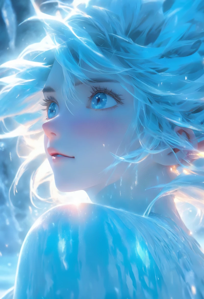 1 girl with blue hair in frost dress, glowing hairs,Frozen hair, Ice blue gemstone eyes,Smooth skin,Grim expression,Beautiful art UHD 4 K, En plein air, ice river, Beautiful character, Beautiful portrait, Expressive, painting of beautiful, 
expressive beautiful portrait, Side light, dreamy sky