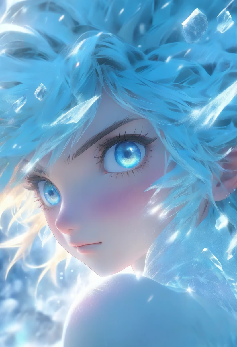1 girl with blue hair in frost dress, glowing hairs,Frozen hair, Ice blue gemstone eyes,Smooth skin,Grim expression,Beautiful art UHD 4 K, En plein air, ice river, Beautiful character, Beautiful portrait, Expressive, painting of beautiful,
expressive beautiful portrait, Side light, dreamy sky