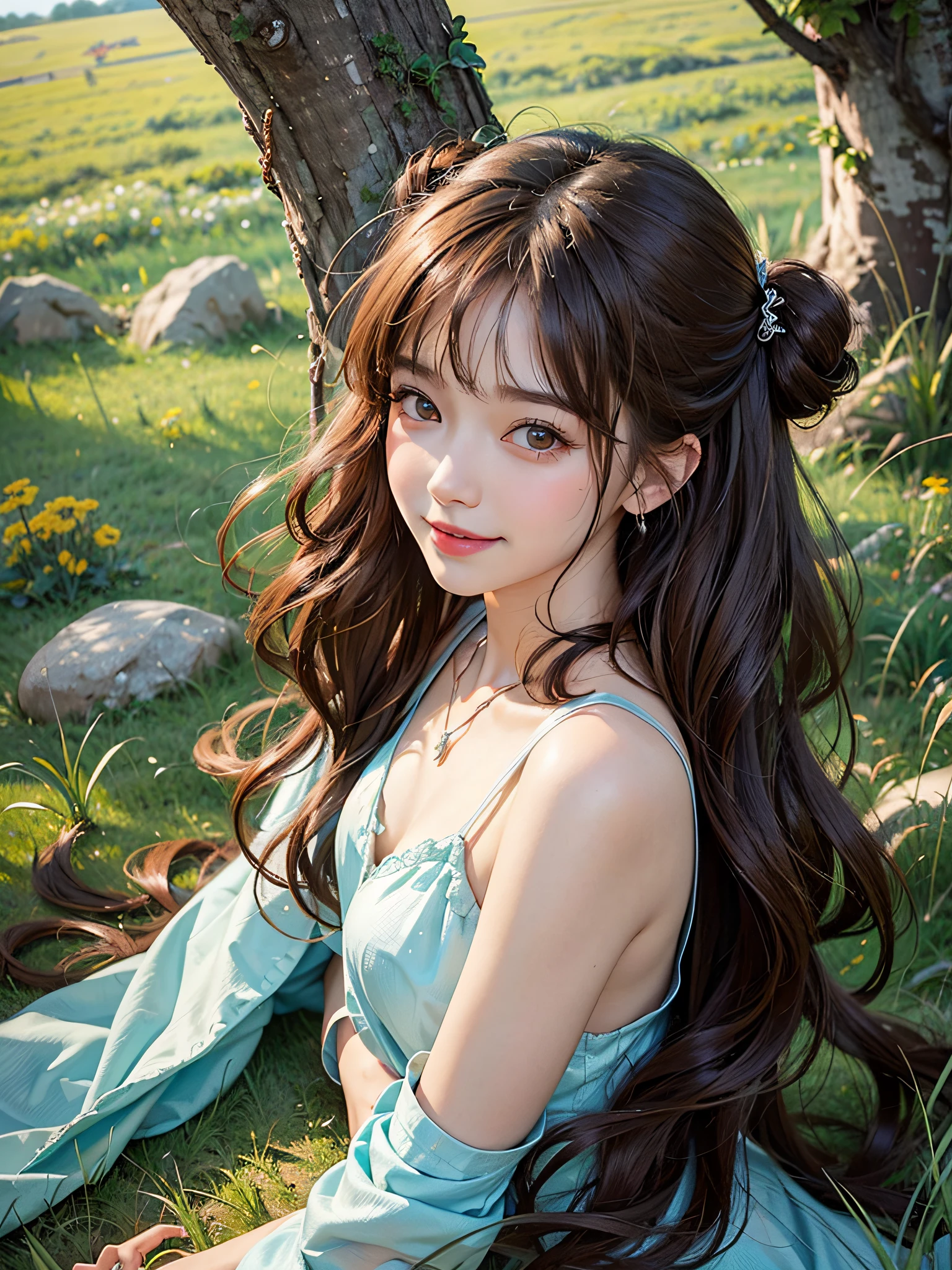 (illustratio), (hight resolution), (8k picture), (ighly detailed), (The best illustrations), (beatiful detailed eyes), (top-quality), (ultra-detailliert), (masterpiece), (wall-paper), (详细的脸), 独奏, 1girl in, Brown wavy hair、huge smile、Blushing cheeks、bangss、Constriction of the lower back、skinny thigh、small ass、Beautiful bangs、Look at your audience、a necklace、耳Nipple Ring、Watching from above、blue open sky、clouds、grass field、Lying in the steppe