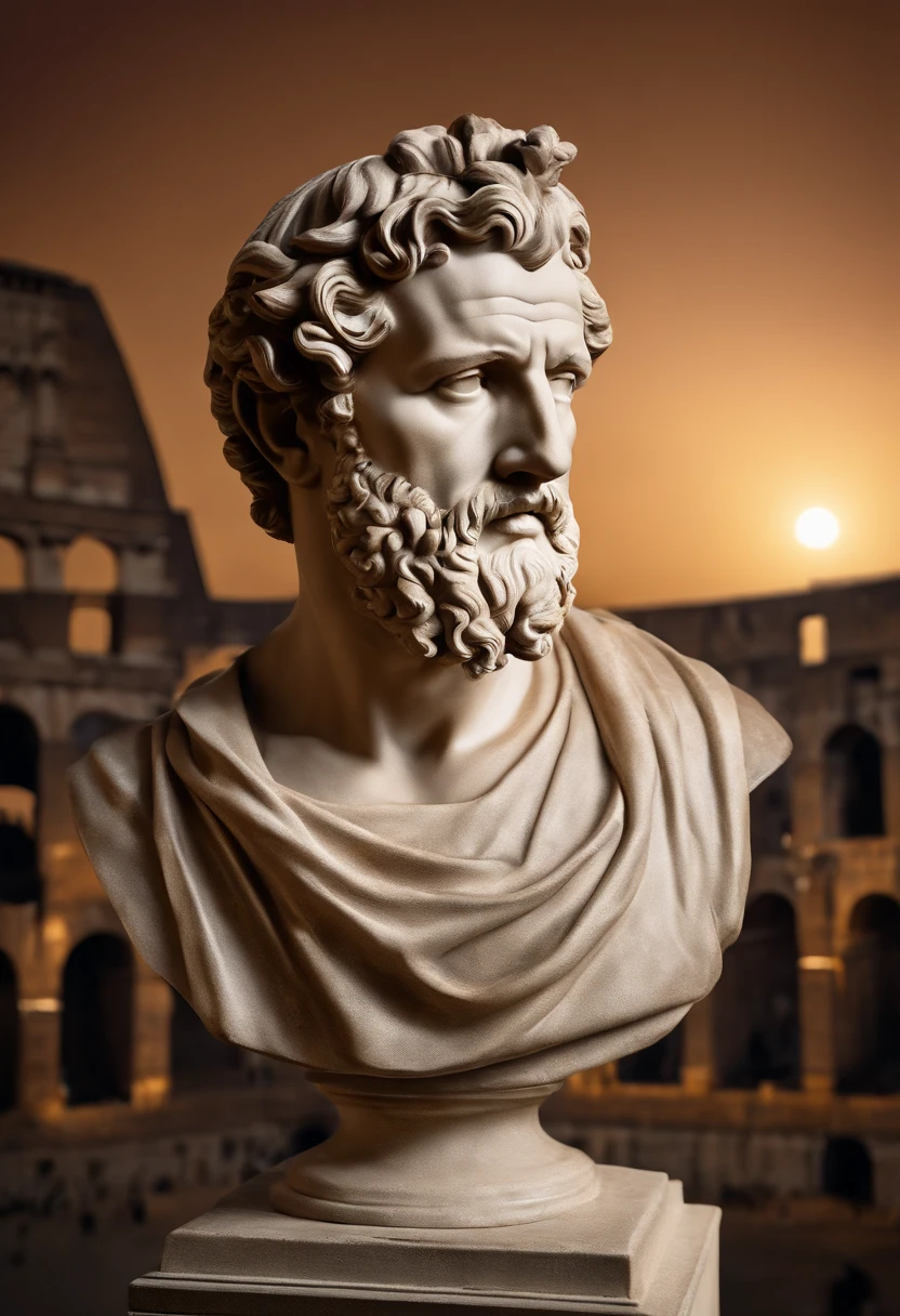 (Best quality,4K,8k,high resolucion,Masterpiece:1.2),Ultra-detailed,Realstic,portrait of Marcus Aurelius,vieil empereur romain,Imperial vestments,Stoic philosopher's mentality,Thoughtful expression,Des yeux sages,nez droit,Strong Jawline,cheveux gris et barbe,Couleurs vives,studio lighting,The Colosseum in the background,architecture romaine antique,Stoic wisdom,Effet sculpture en bronze,Classic style of oil painting,Light and shadow contrast,Deep thinking posture,Powerful rule,Coucher de soleil dans le ciel,purple and golden hues,Meditative atmosphere