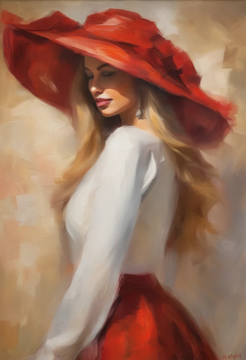Female portrait, very beautiful woman, long blond hair, smiling eyes, looking right at the point of view, low cut red dress, white hat, acrylic painting, bold and expressive brushwork, impressionistic style, detailed face, epic background, expert lighting and shadows, fine art painting, Junyi Liu