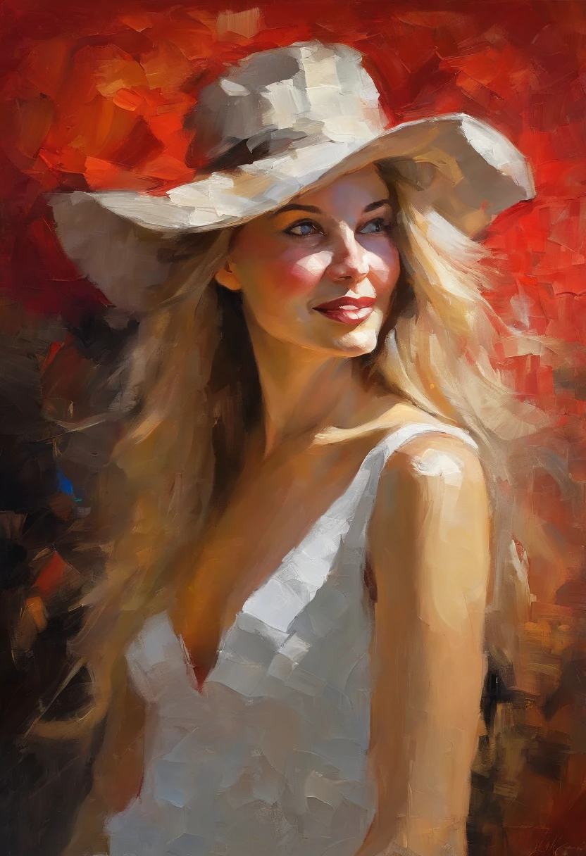 Female portrait, very beautiful woman, long blond hair, smiling eyes, looking right at the point of view, low cut red dress, white hat, acrylic painting, bold and expressive brushwork, impressionistic style, detailed face, epic background, expert lighting and shadows, fine art painting, Junyi Liu