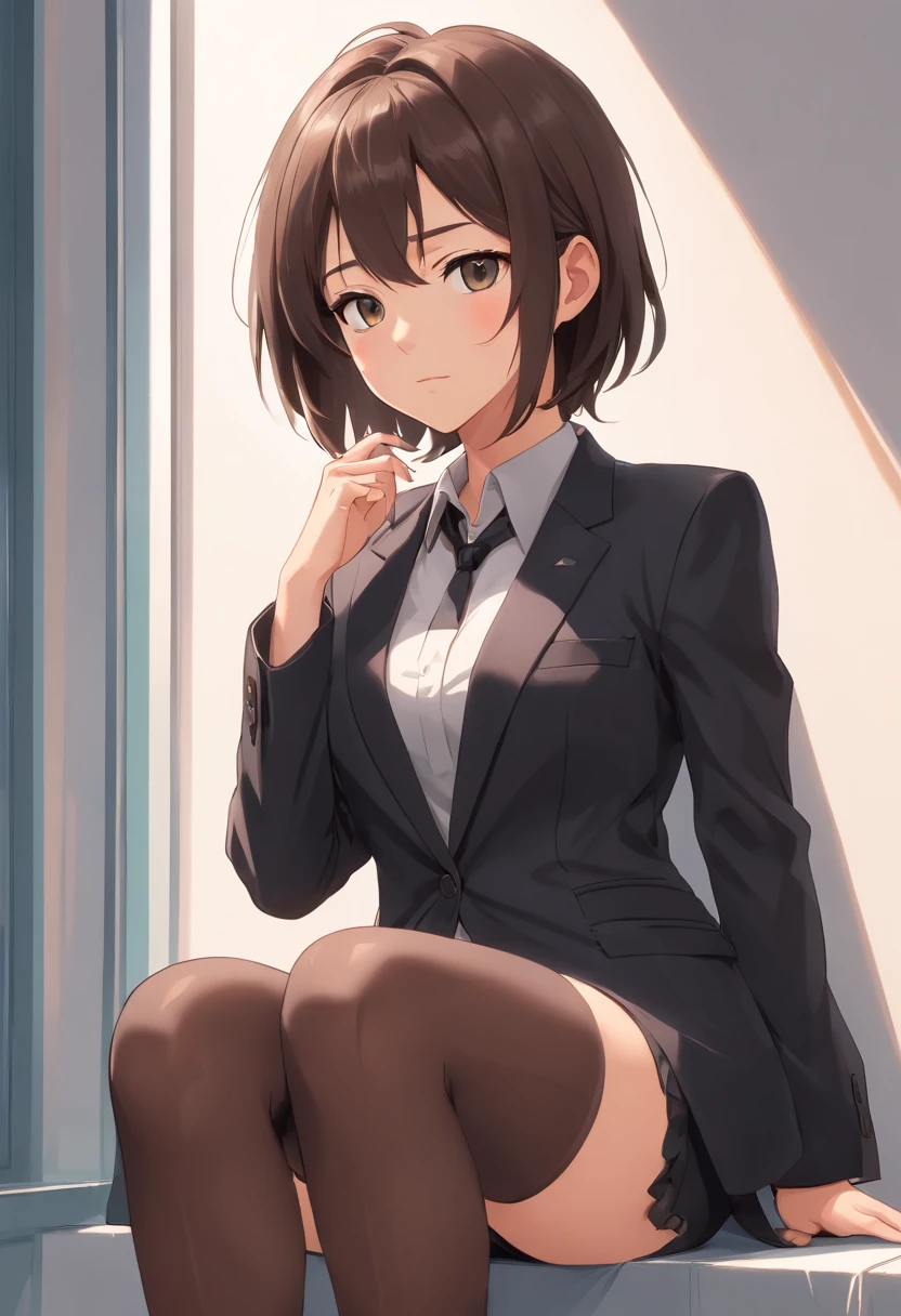 8K delicate perfect true 2D hair long eyes brown young mature woman wearing suit black, legs dressed in black silk, delicate face, Figure mature（photo du corps entier）Leaning against a white wall, looking ahead, son visage est froid