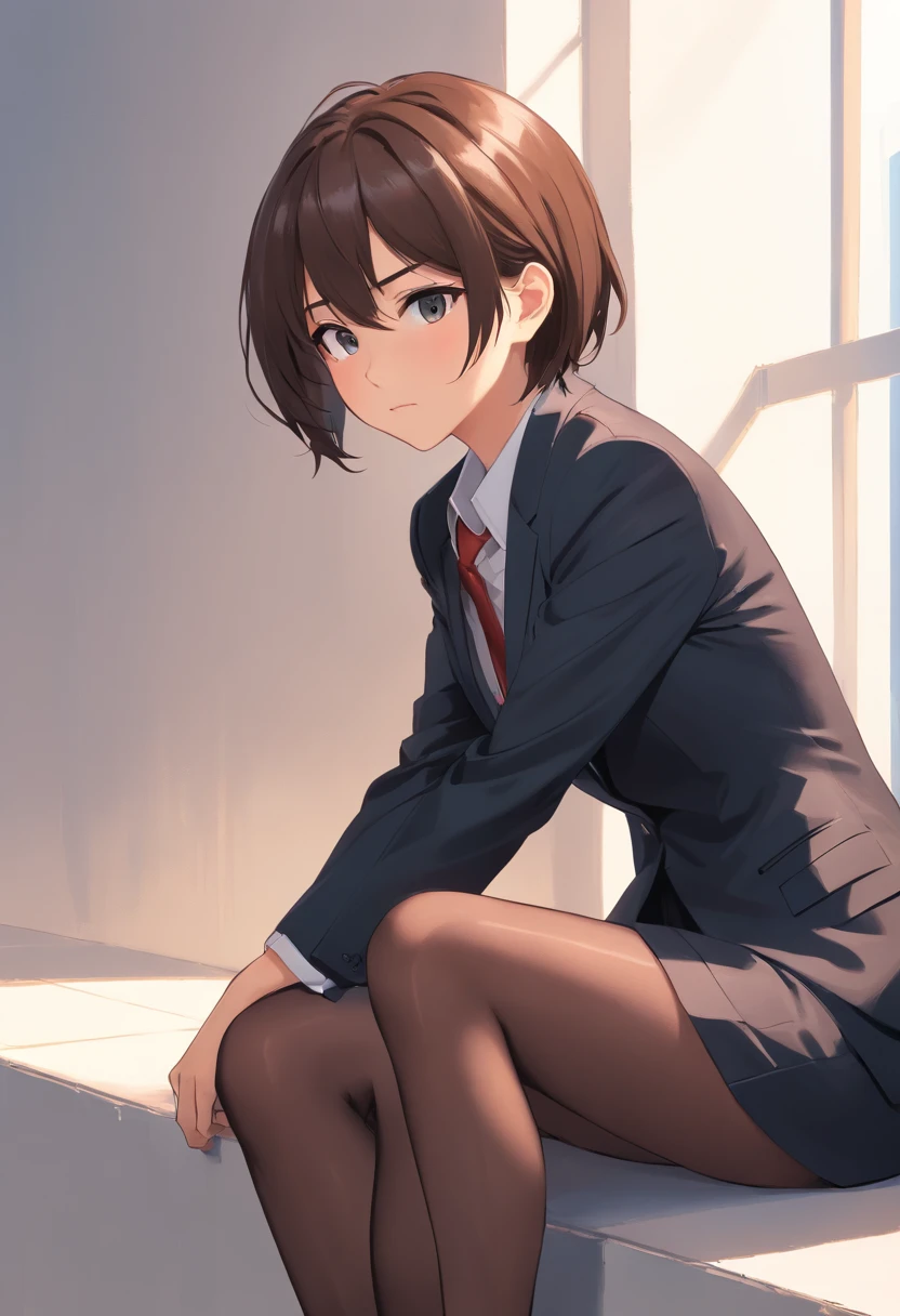 8K delicate perfect true 2D hair long eyes brown young mature woman wearing suit black, legs dressed in black silk, delicate face, Figure mature（photo du corps entier）Leaning against a white wall, looking ahead, son visage est froid