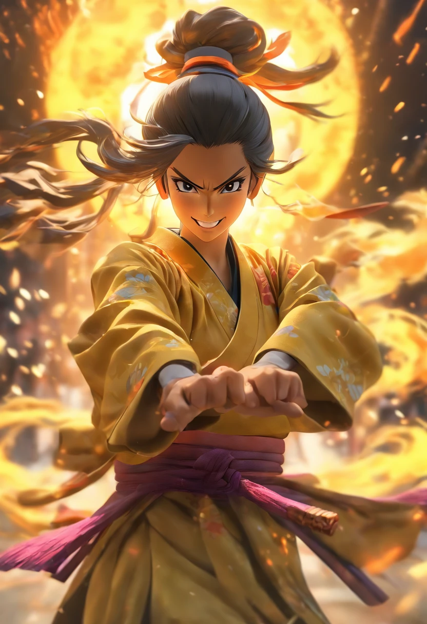 Fullbody shot, from ground level, high velocity, Ultra Realistic Photo, Beautiful model wearing a samurai robe, lighting hands, rendering by octane, elegantly, smiling. Yellow, dark purple, black colors. Ponytail hair.