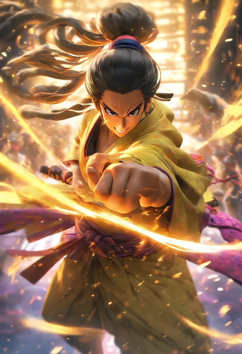 Fullbody shot, from ground level, high velocity, Ultra Realistic Photo, Beautiful model wearing a samurai robe, lighting hands, rendering by octane, elegantly, smiling. Yellow, dark purple, black colors. Ponytail hair.