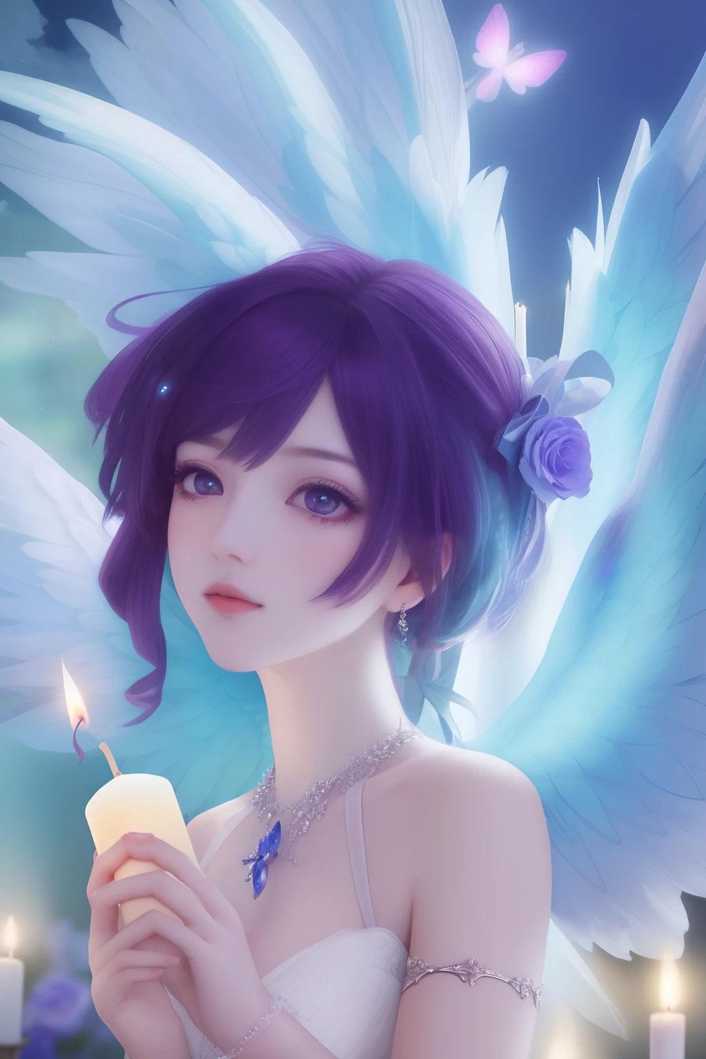 mystical、Portrait of beautiful cupid with wings celebrating victory、candle、florals、Slate atmosphere、film like、key lights、Gorgeous colors、Film granular、out、Detailed composition、Delicate depiction、hyperdetails