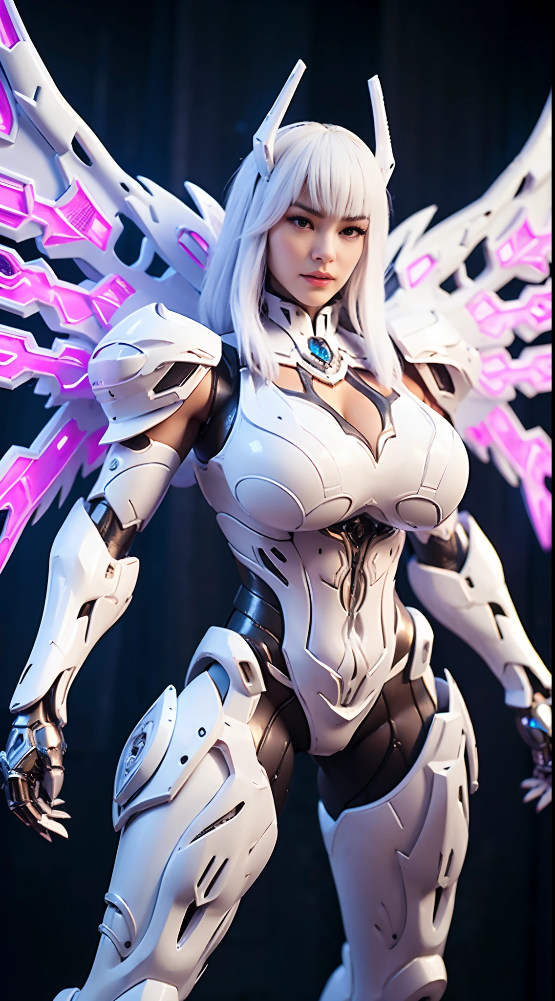 (DRAGON HEAD), HUGE FAKE BOOBS, (BEAUTIFUL FACE), (WHITE HAIR), (PURPLE:1.2, WHITE:0.8, RGB:1), (MECHA ARMORED GEAR), (((A PAIR OF HUGE MECHANICAL WINGS SPREAD OUT))), FUTURISTIC DRAGON MECHA SUIT, (CLEAVAGE), (SKINTIGHT YOGA PANTS), (PERFECT BODY:1.2), (FULL BODY VIEW), FRONT, (STANDING:1), SEXY MUSCULAR BODY, MUSCLE ABS, UHD, 8K, 1080P.