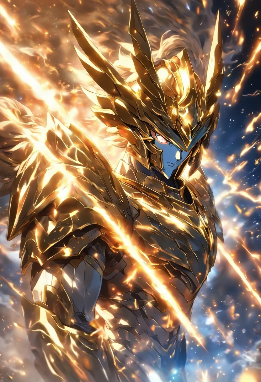 Warriors dressed in Pegasus' silver delicate armor burn the small universe，Burst out with amazing power, At the same time, shoot forward at the speed of light the Pegasus meteor swarm，The scene is impressive，Just the right shot，Perfect storyboard，In perfect motion graphics，（Watch from a distance in the third person）