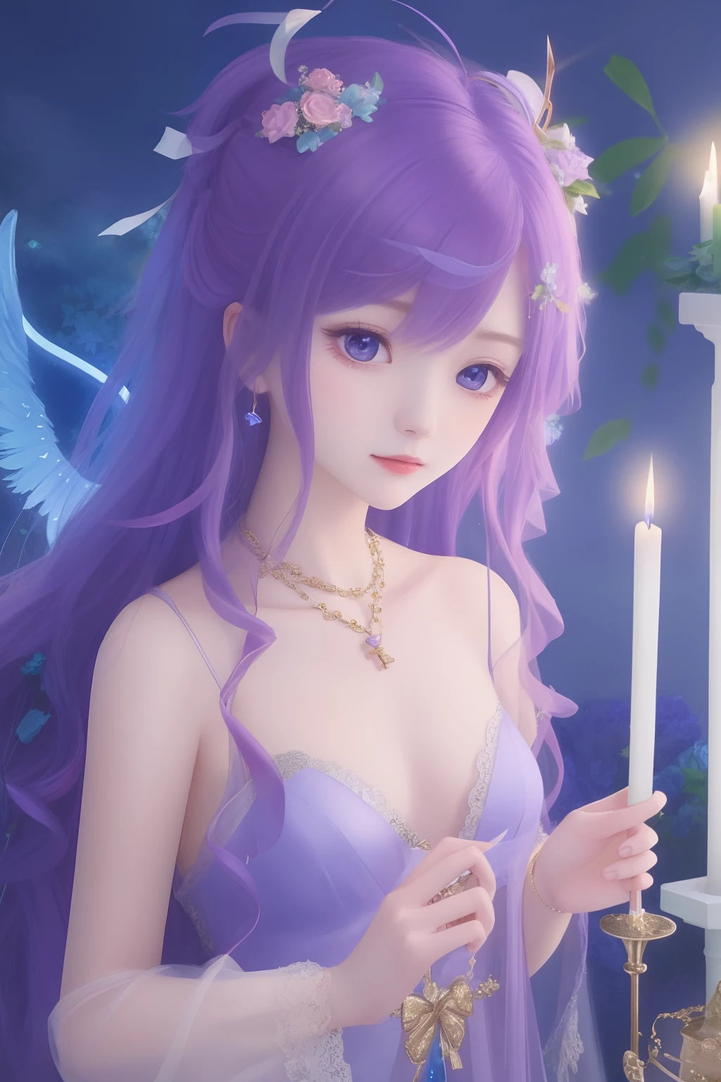 mystical、Portrait of beautiful cupid with wings celebrating victory、candle、florals、Slate atmosphere、film like、key lights、Gorgeous colors、Film granular、out、Detailed composition、Delicate depiction、hyperdetails