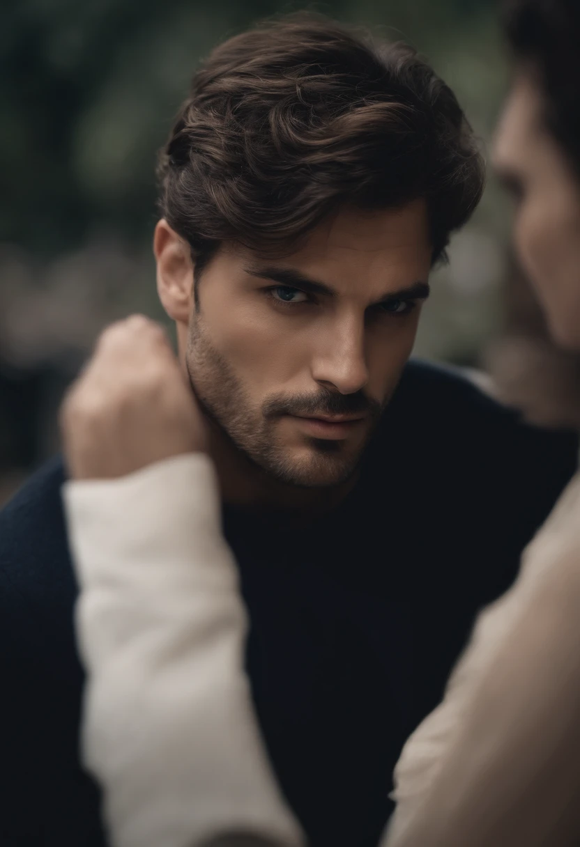 homem misterioso de cerca de 30 anos, com cabelos negros e desgrenhados que caem sobre sua testa. His eyes are a deep blue and have an enigmatic glow. He has a square chin and a serious expression., that hides your emotions.
His height is average, But he has an athletic stance and confident bearing. Ele geralmente veste roupas escuras e elegantes, which gives it an aura of mystery.