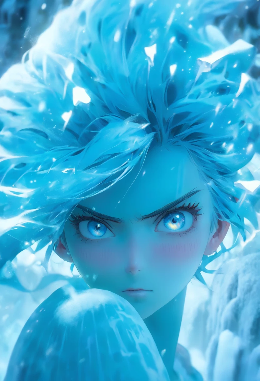 1 girl with blue hair in frost dress,bust, glowing hairs,Ice hair, Ice blue gemstone eyes,Smooth skin,Grim expression,Beautiful art UHD 4 K, En plein air, ice river, Beautiful character, Beautiful portrait, Expressive, painting of beautiful, 
expressive beautiful portrait, Side light, dreamy sky