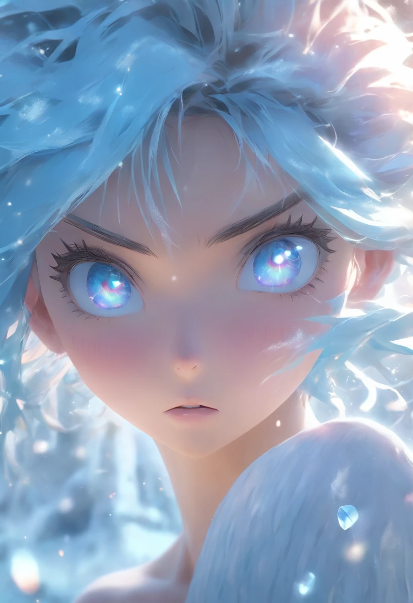 1 girl with blue hair in frost dress,bust, glowing hairs,Ice hair, Ice blue gemstone eyes,Smooth skin,Grim expression,Beautiful art UHD 4 K, En plein air, ice river, Beautiful character, Beautiful portrait, Expressive, painting of beautiful, 
expressive beautiful portrait, Side light, dreamy sky
