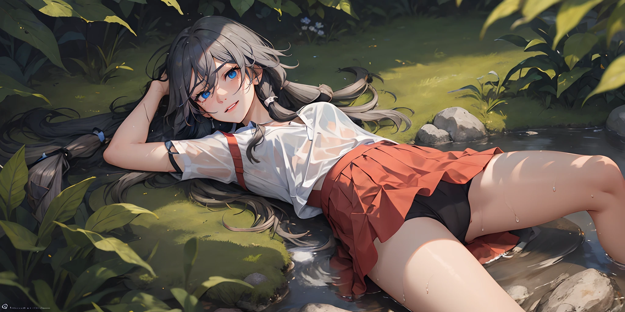 Fu Hua(Rustic Noir), (grey hair, long hair:1.7), (sweating:1.4), 1girl, solo, wet, flower, lying, skirt, wet_clothes, see-through, looking_at_viewer, breasts, red_skirt, wet_shirt, shirt, outdoors, medium_breasts, water, arms_up, pleated_skirt, bare_legs, day, underwear, white_shirt, wet_hair, short_sleeves, leaf, thighs