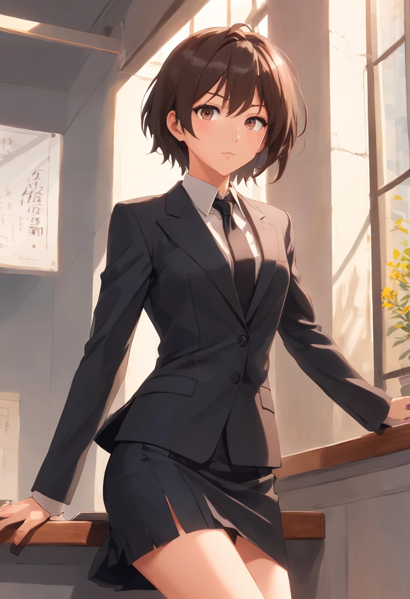 8K delicate perfect true 2D hair long eyes brown young mature woman wearing suit black, legs dressed in black silk, skirt suit, pencil skirt, delicate face, Figure mature(photo du corps entier)Leaning against a white wall, looking ahead, son visage est froid