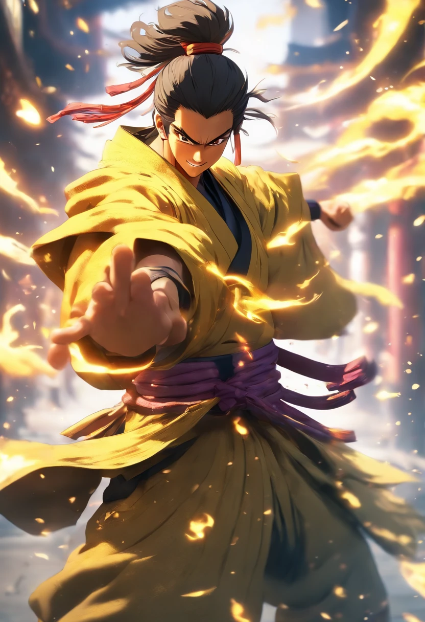 Fullbody shot, from ground level, high velocity, Ultra Realistic Photo, strong male model wearing a samurai robe, lighting hands, rendering by octane, elegantly, smiling. Yellow, dark purple, black colors. Ponytail hair.