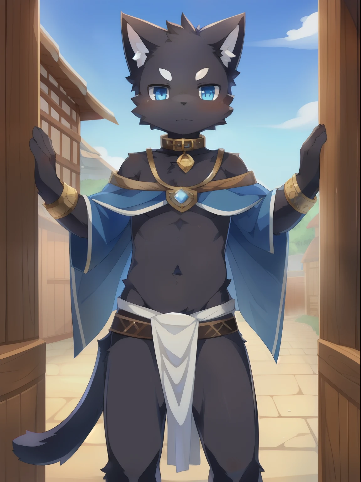 masterpiece, solo, 1boy, Furry, kemono, furry cat, anthropomorphic, male, black fur, black skin, blue eyes, blue wizard clothes, slave collar, sexy clothes, fantasy town, uploaded on e621,