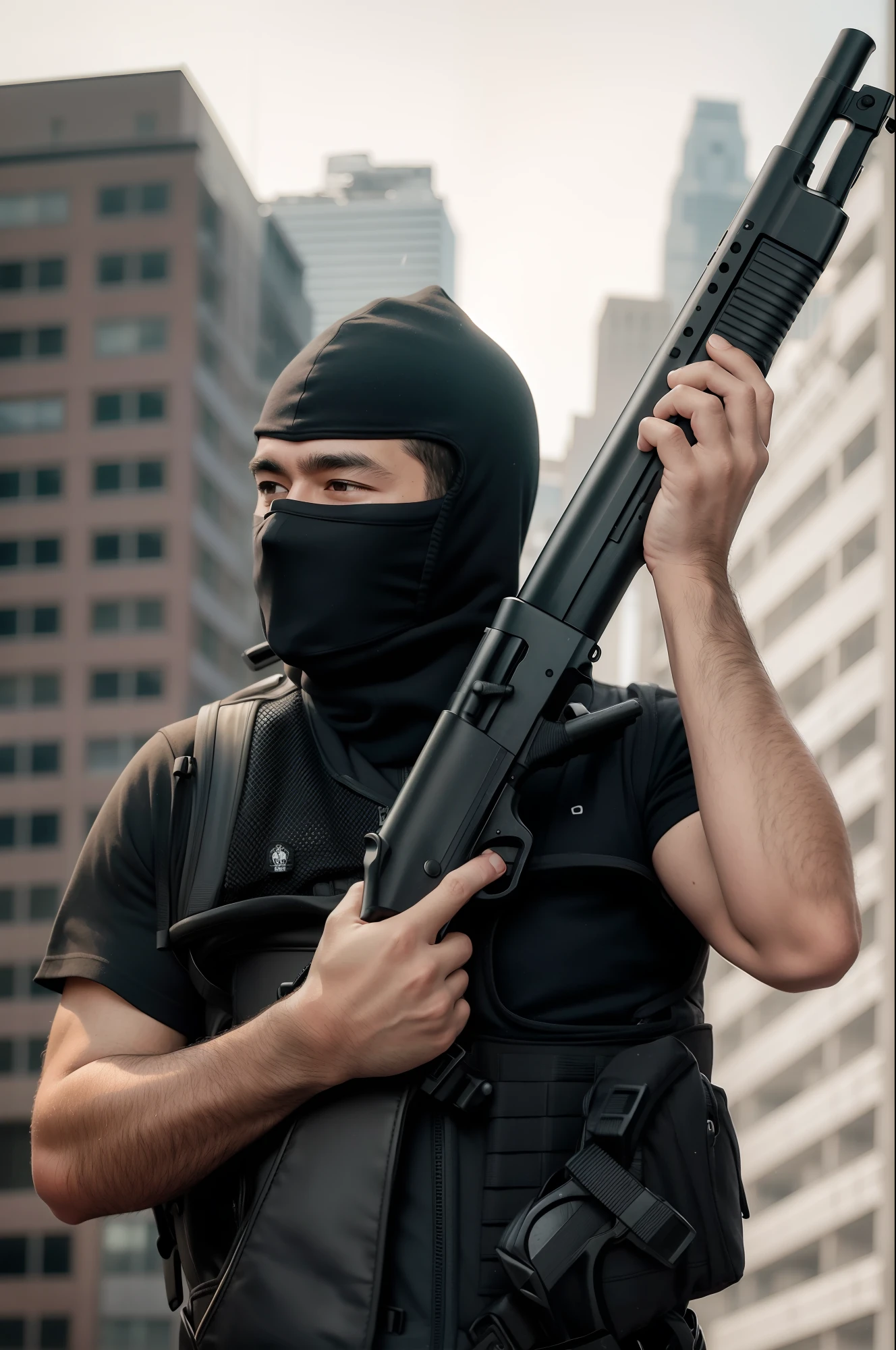 arafed man in a black mask holding a gun and wearing a black mask, man is carrying a rifle, holding a mp7, balaclava covering face, wielding assault rifle, armed with edged weapons, holding shotgun, wearing tactical gear, portrait of a vigilante, heavily armed, airsoft cqb, holding a shotgun, holding a weapon, muzzle flash, new york city street backdrop, solo