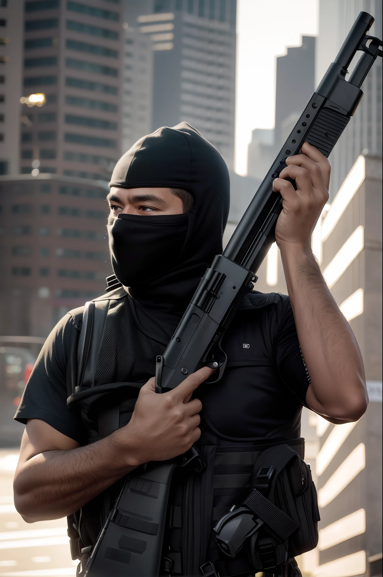 arafed man in a black mask holding a gun and wearing a black mask, man is carrying a rifle, holding a mp7, balaclava covering face, wielding assault rifle, armed with edged weapons, holding shotgun, wearing tactical gear, portrait of a vigilante, heavily armed, airsoft cqb, holding a shotgun, holding a weapon, muzzle flash, new york city street backdrop, solo