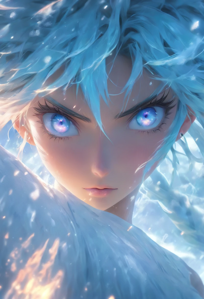 1 girl with blue hair in frost dress,bust, glowing hairs,Ice hair, Ice blue gemstone eyes,Smooth skin,Grim expression,Beautiful art UHD 4 K, En plein air, ice river, Beautiful character, Beautiful portrait, Expressive, painting of beautiful, expressive beautiful portrait, Side light, dreamy sky