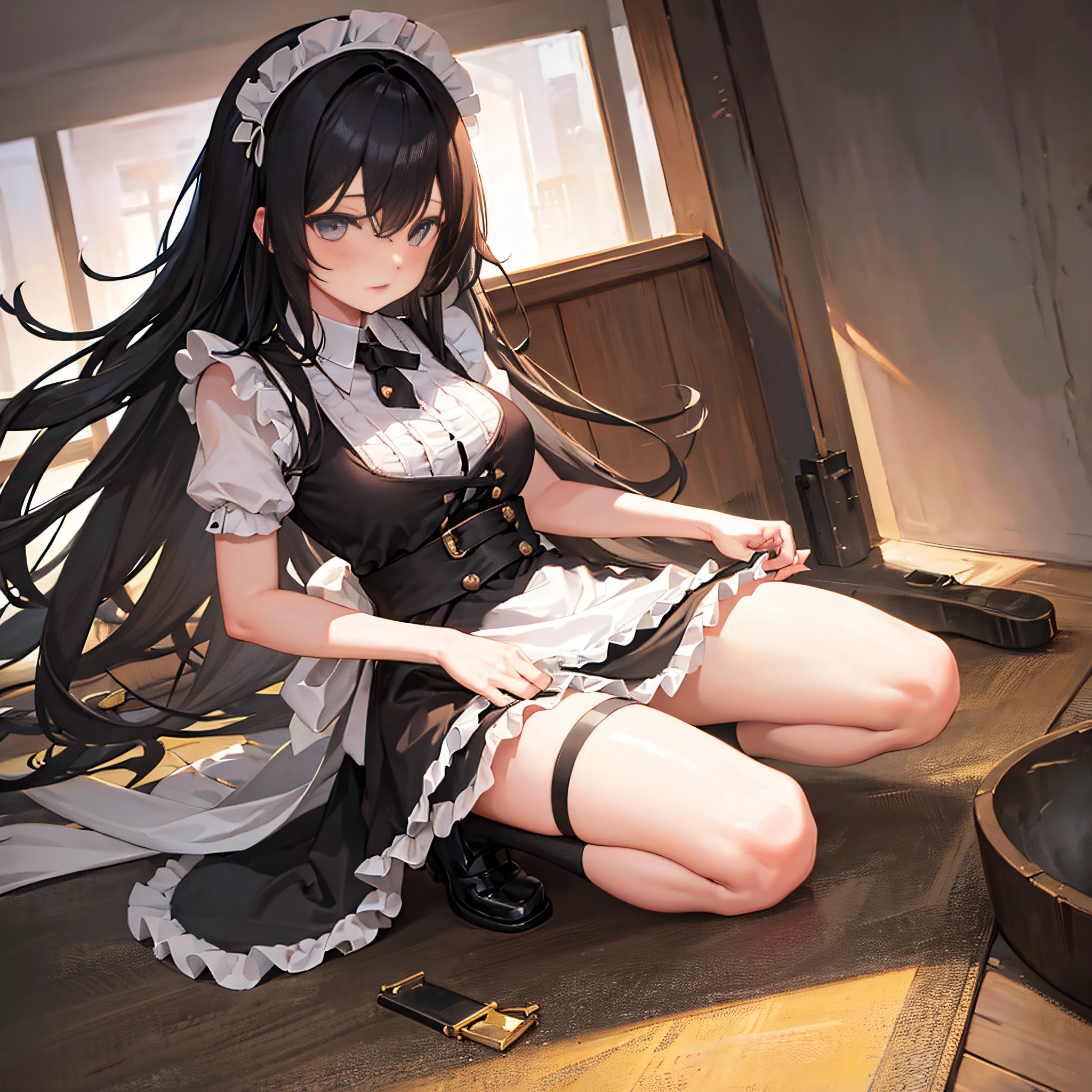 Black Long Hair Lori, wearing a maid outfit, Kneeling, Legs and five fingers, Colossal tits, Cute 2D, Background backlighthigh-definition