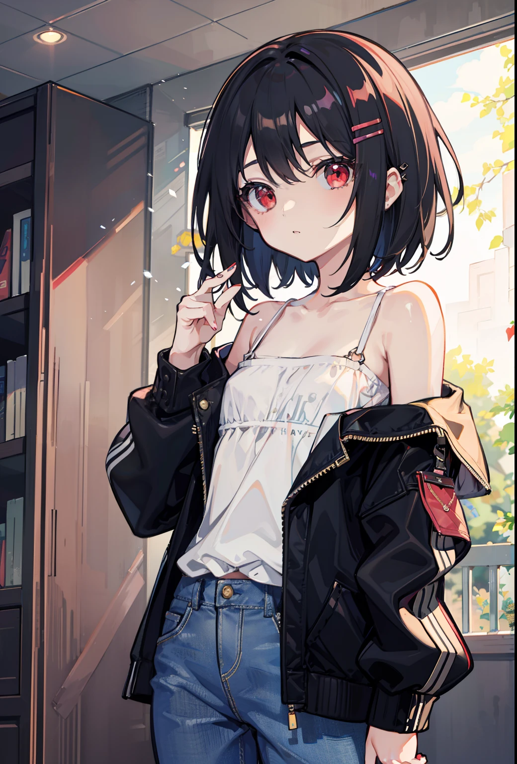 Short hair, Black hair, Flat chest, 1girll, Red eyes,teens girl,hair pin,Solo, Morning,full bodyesbian, A high resolution,(casual)