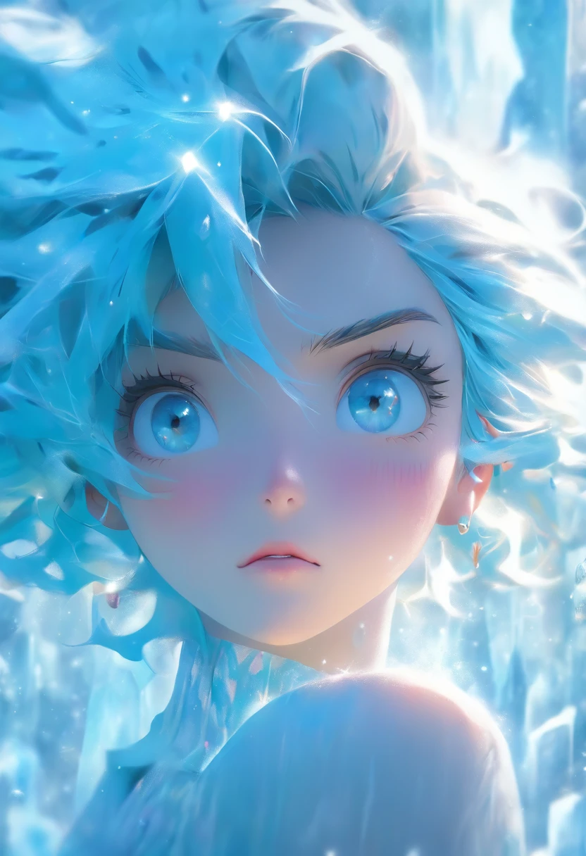 1 girl with blue hair in frost dress,The upper part of the body, glowing hairs,Ice blue gemstone eyes,Smooth skin,Grim expression,Beautiful art UHD 4 K, En plein air, ice river, Beautiful character, Beautiful portrait, Expressive, painting of beautiful, expressive beautiful portrait, Side light, dreamy sky