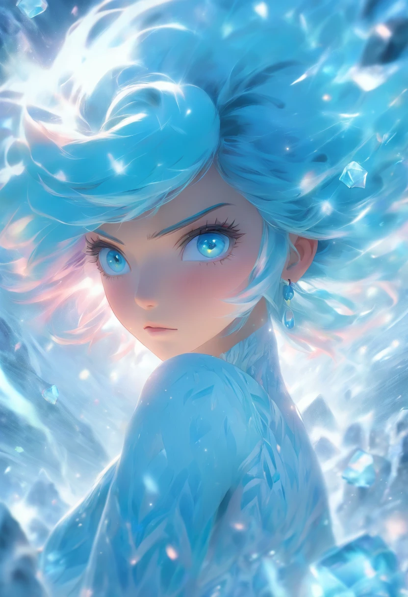 1 girl with blue hair in frost dress,The upper part of the body, glowing hairs,Ice blue gemstone eyes,Smooth skin,Grim expression,Beautiful art UHD 4 K, En plein air, ice river, Beautiful character, Beautiful portrait, Expressive, painting of beautiful, expressive beautiful portrait, Side light, dreamy sky