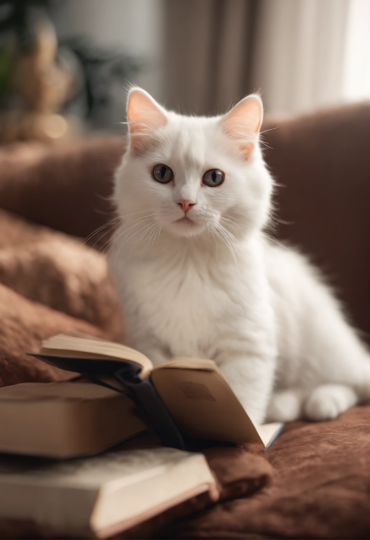 there is a cat on it, a cute little cat, The cutest kitten in history, Very beautiful and cute girl cat, Lewd and excited white cat, a cute little cat, Intelligent cat, an anthro cat, funny cat, cute kittens, And a sad cat. They read books on the couch、Sitting on a chair. They are relaxing after a hard day. They are wearing pajamas.