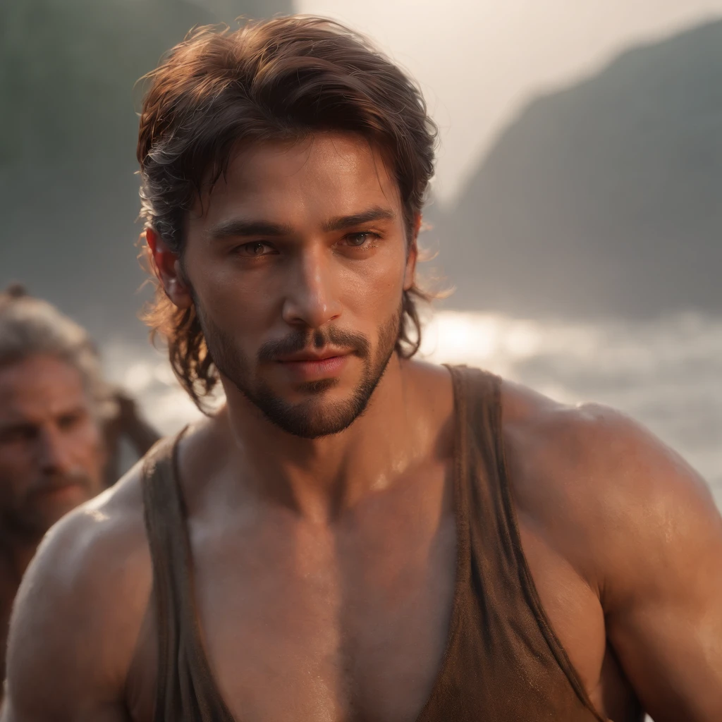 (Professional 3D rendering:1.3) de (Realistic:1.3) Foto de arte mais bonita do mundo,Features soft, bright male heroes, ((Epic hero fantasy rough muscular man wet hero angry look long hair short beard and fierce expression in dynamic pose, fantastic location, majestoso ambiente desordenado)), corpo inteiro 8k unidade render, action shot, poros da pele, very dark lighting, sombreamento pesado, circunstanciado, Rosto detalhado, (vibrante, fotogrdeia realista, Realistic, Dramatic, Escuro, foco nítido, 8k), (Old leather clothes damaged by bad weather:1.4), ((((Use peles)))), (intrincado:1.4), decadente, (altamente detalhado:1.4), pintura digital, rendering by octane, art stations, Conceito-Arte, liso, foco nítido, illustration, germe da arte, (Loish:0.23), Wlop Ilya Kuvshinov, e Greg Rutkowski e Alphonse Mucha Gracias, (global ilumination, studiolight, Light Volumetric), chuva forte, floating particles, patife, fantasia, Onze, corpo inteiroesbian, ((Fundo escuro e antigo da cidade:1.3)),CGSesociedade,art stations