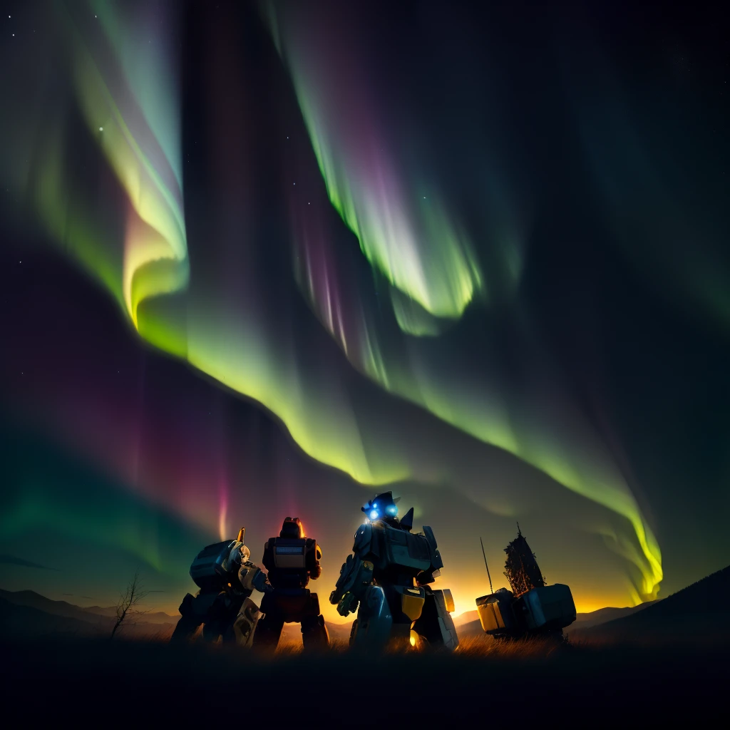 Dying transformers sit at tree, foreat, night, stars, aurora, fallen stars, milkyway